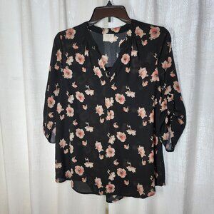 Dress shirt, Sienna Sky brand, Size Large, Black with light pink flowers
